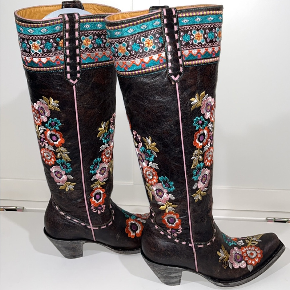Embroidered Floral Knee-High Boots - Multicolor